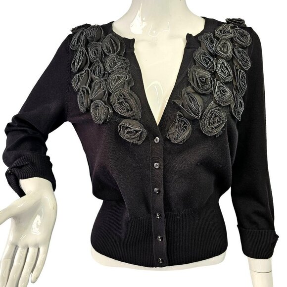 Cyrus Black Rose Embellished Short Cardigan 3/4 Slv Viscose Nylon Knit Womens M - Picture 1 of 11